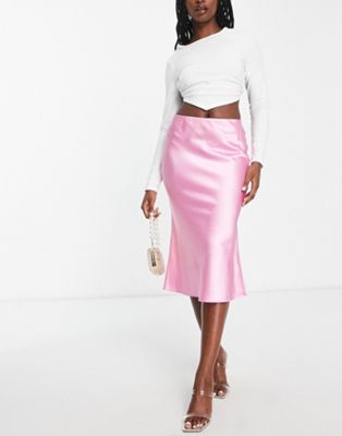 Miss Selfridge satin bias midi skirt in light pink | ASOS