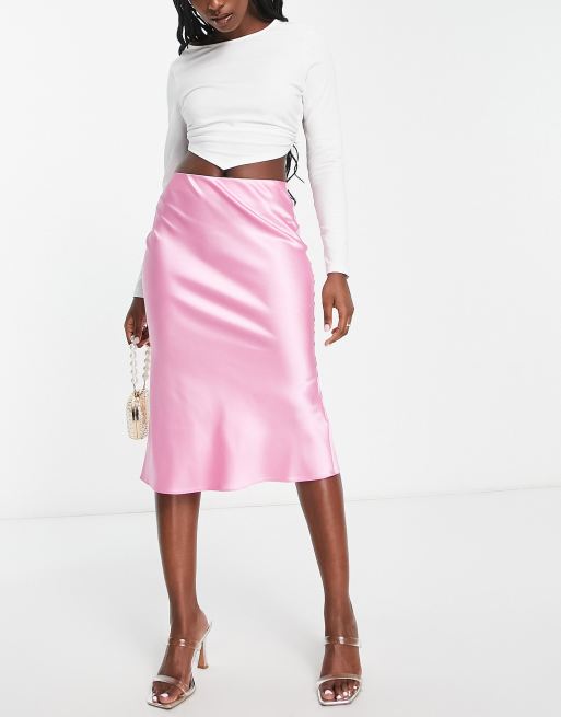 Miss Selfridge satin bias midi skirt in light pink