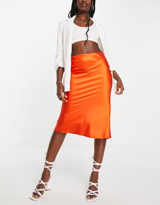 Miss Selfridge satin bias midi skirt in orange ASOS