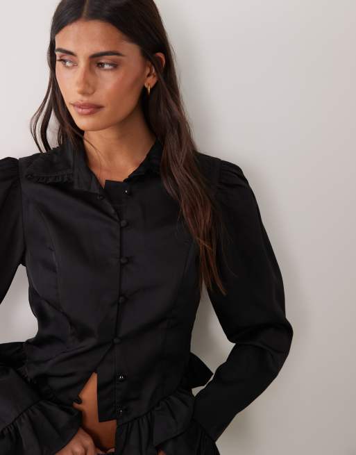 Miss Selfridge satin blouse with frills in black, 2 of 4
