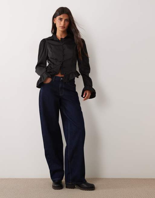 Miss Selfridge satin blouse with frills in black, 3 of 4