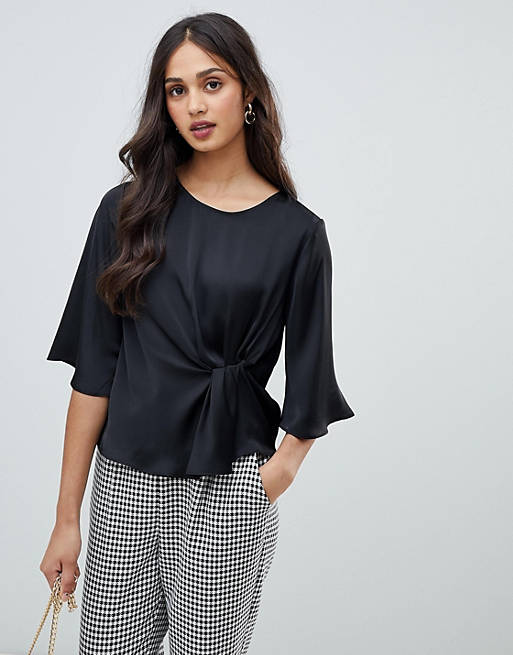 Miss Selfridge satin blouse with twist front in black