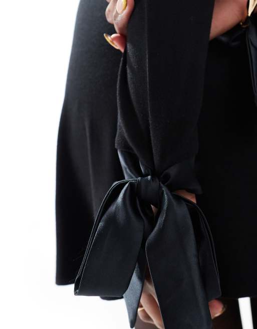 Miss Selfridge satin bow detail high neck flare dress in black | ASOS