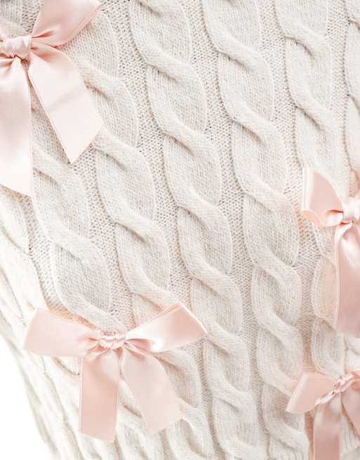 Miss Selfridge satin bow detail knitted jumper in oatmeal, 2 of 4