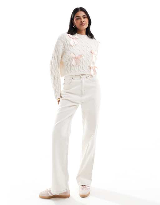 Miss Selfridge satin bow detail knitted jumper in oatmeal, 3 of 4