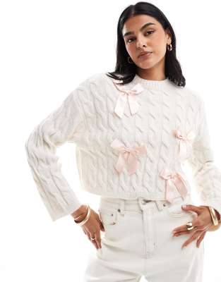 Miss Selfridge Satin Bow Detail Knitted Sweater In Oatmeal-neutral