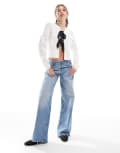 [Miss Selfridge] Miss Selfridge satin bow detail tie front textured cardigan in cream-White XS CREAM