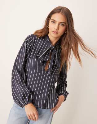 Miss Selfridge satin bow tie shirt in navy pinstripe-Multi