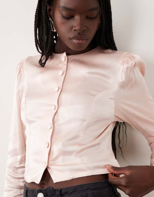 Miss Selfridge satin button through puff sleeve blouse co-ord, 4 of 4
