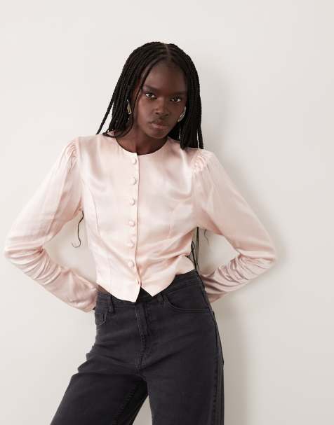 Miss Selfridge satin button through puff sleeve blouse set - view 1
