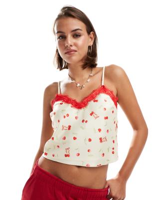 satin cami top with lace trim in cherry print-Multi