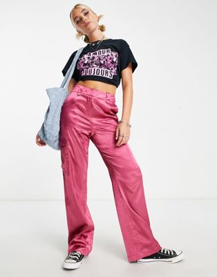 Miss Selfridge satin cargo trouser in dark pink