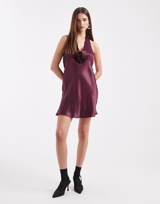 Miss Selfridge satin corsage halter mini dress in fig, 4 of 4