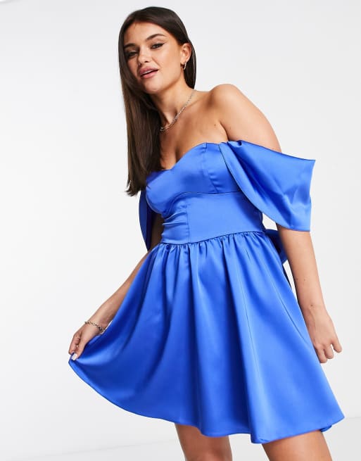 Miss Selfridge satin corset detail bow back mini dress in cobalt blue