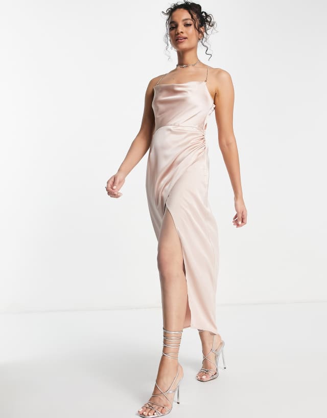 Miss Selfridge satin cowl neck diamante strap midaxi dress in blush