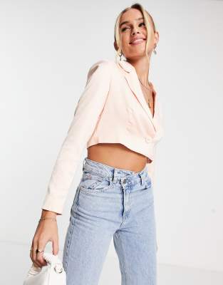 Miss Selfridge satin crop blazer co-ord in soft pink