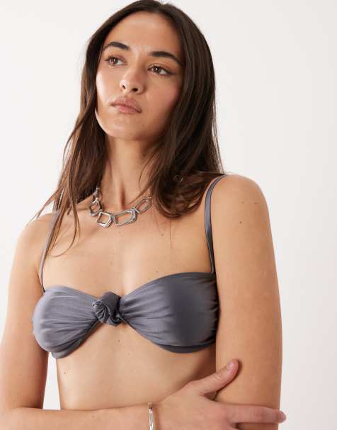 Miss Selfridge satin cup knot detail bikini top in charcoal