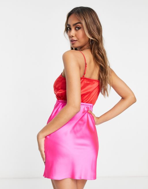 Miss Selfridge satin cut out color block mini dress in pink and red | ASOS