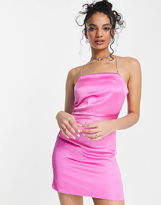 Miss Selfridge satin diamante strap mini dress in hot pink