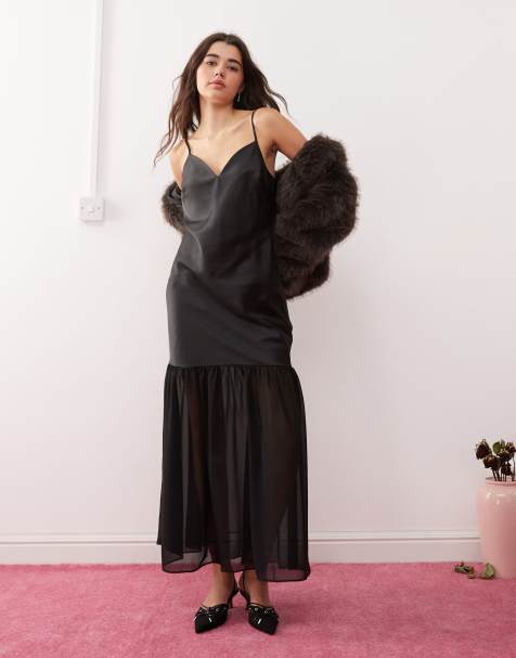 Miss Selfridge satin drop waist maxi dress in black - view 1