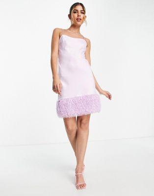 Miss Selfridge satin faux feather hem mini slip dress in lilac - ASOS Price Checker