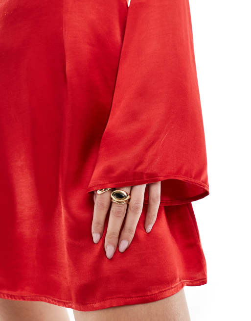 Miss Selfridge satin fit and flare long sleeve dress in red