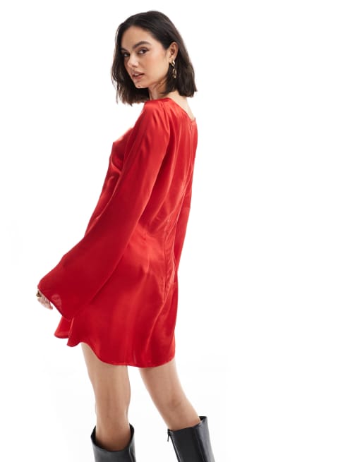 Miss Selfridge satin fit and flare long sleeve dress in red