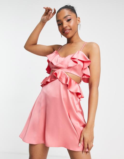 Miss Selfridge satin frill detail cut out mini dress in coral | ASOS