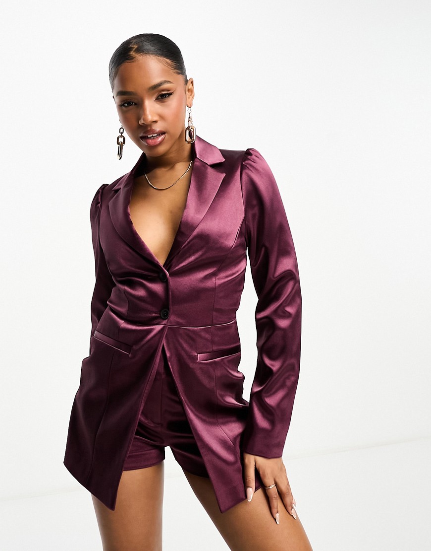 Miss Selfridge satin going out blazer playsuit in cherry red-Purple