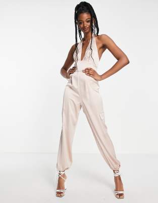 Miss Selfridge satin halter cargo jumpsuit in champagne Sale