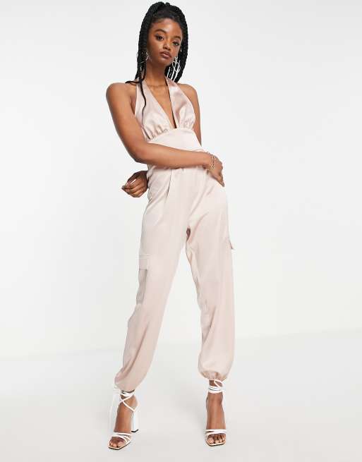 Miss Selfridge satin halter cargo jumpsuit in champagne