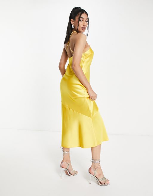 SALE: Yellow Satin Halter Frill Dress, SilkFred US