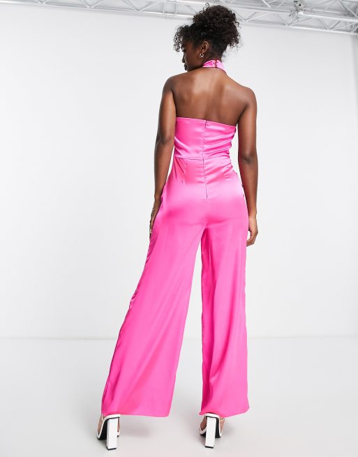 Miss Selfridge satin halter wide leg jumpsuit in hot pink