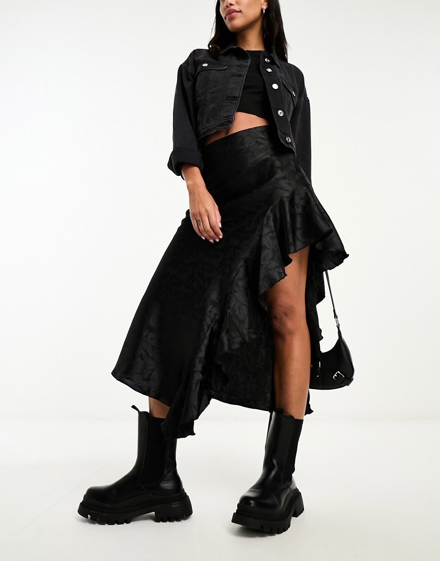 Miss Selfridge satin jacquard asym ruffle maxi skirt in black