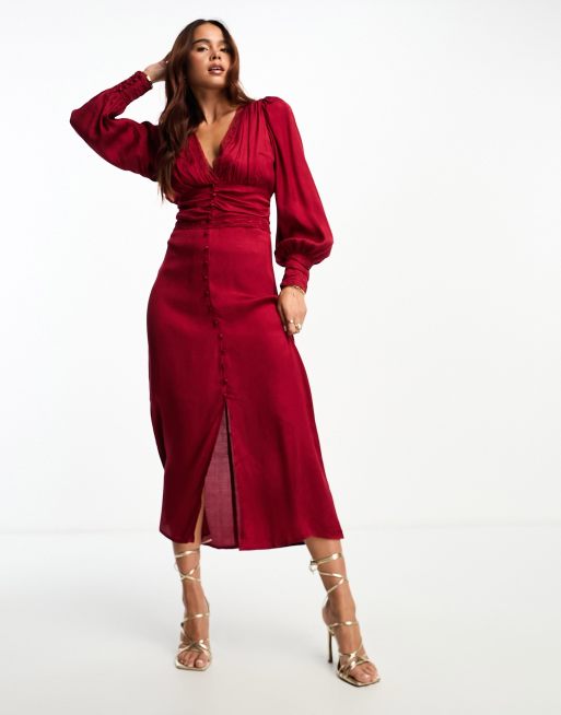 Miss Selfridge satin jacquard button through lace trim midi dress in berry