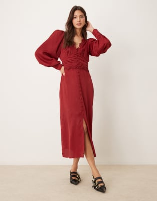 satin jacquard button through lace trim midi dress in berry-Red