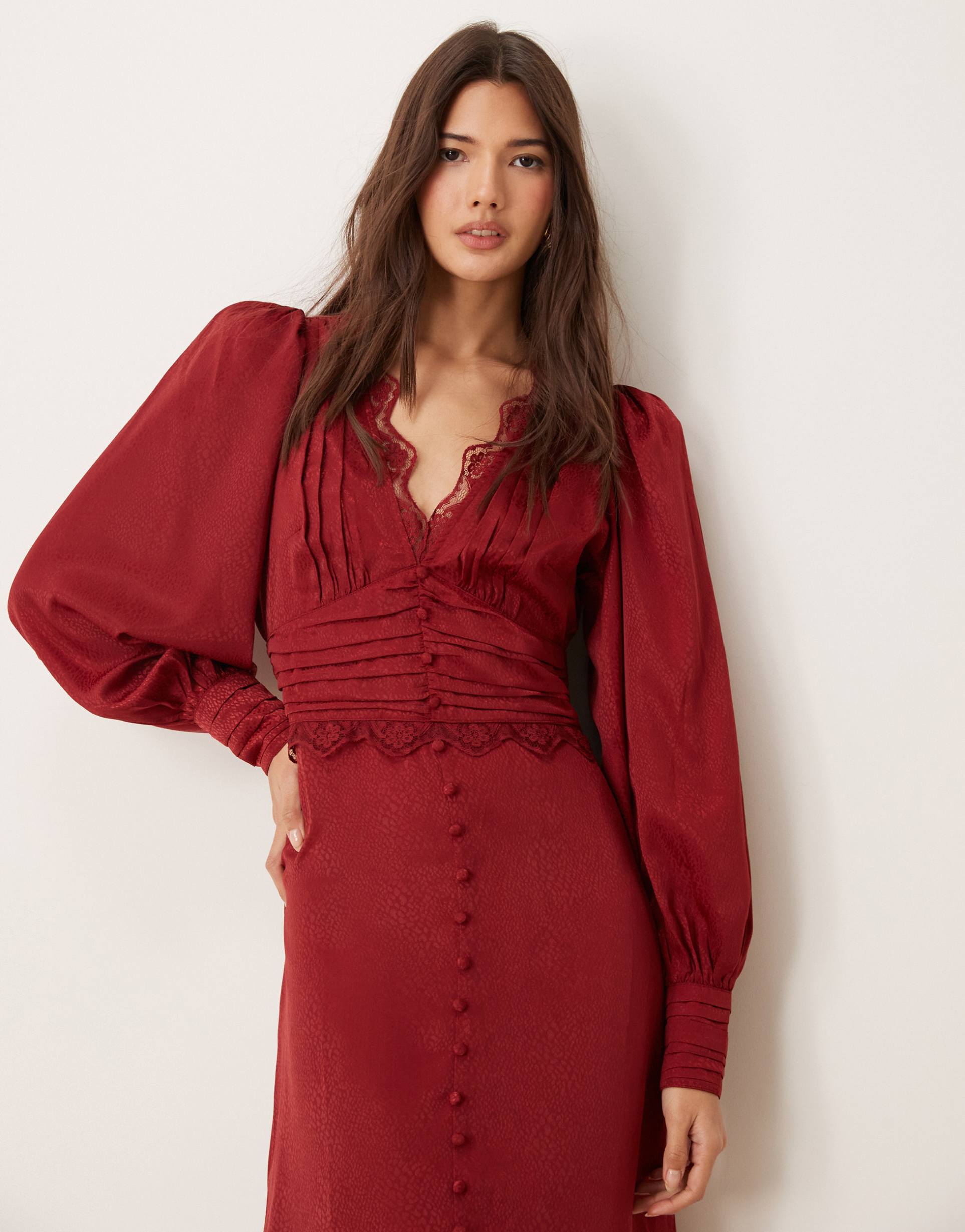 miss selfridge satin jacquard button through lace trim midi dress in berry