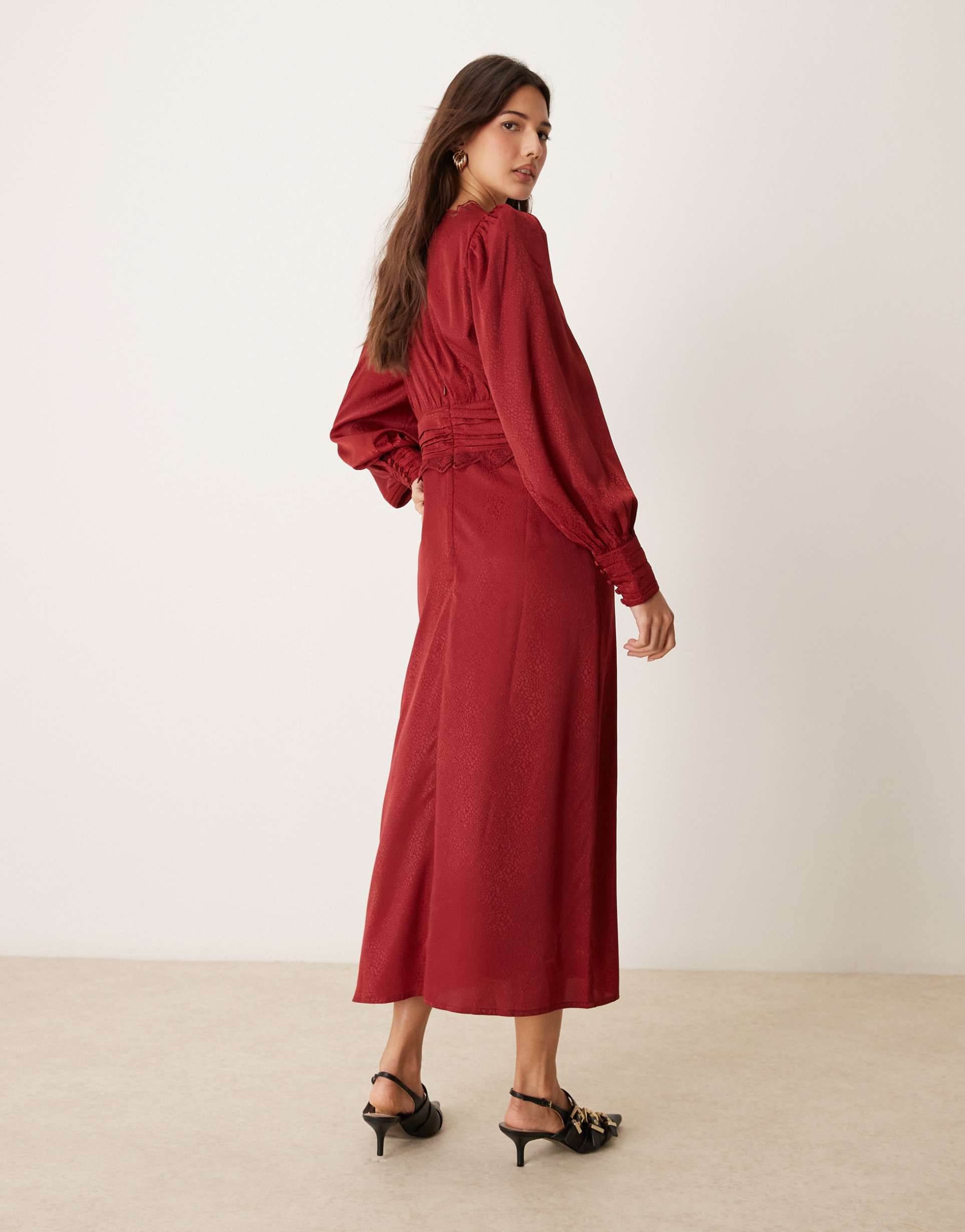 miss selfridge satin jacquard button through lace trim midi dress in berry