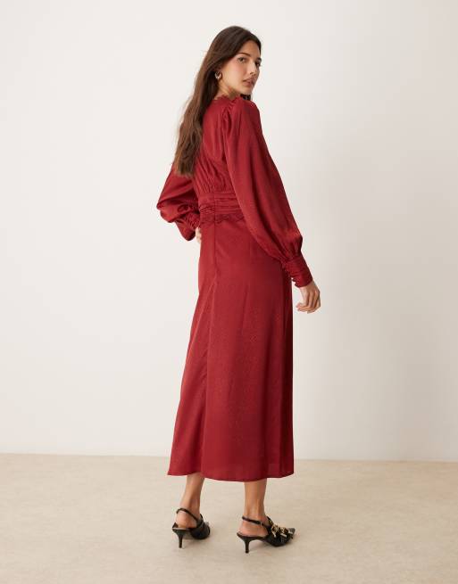 Miss Selfridge satin jacquard button through lace trim midi dress