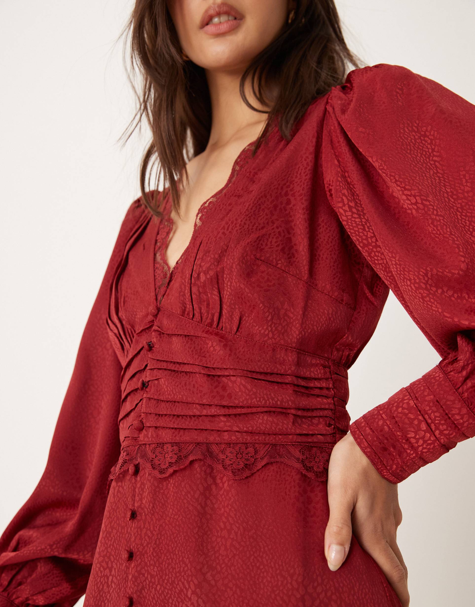 miss selfridge satin jacquard button through lace trim midi dress in berry