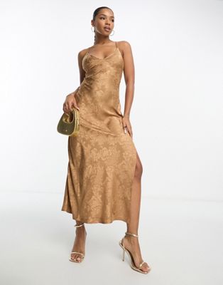 Miss Selfridge satin jacquard lace back maxi dress in gold | ASOS