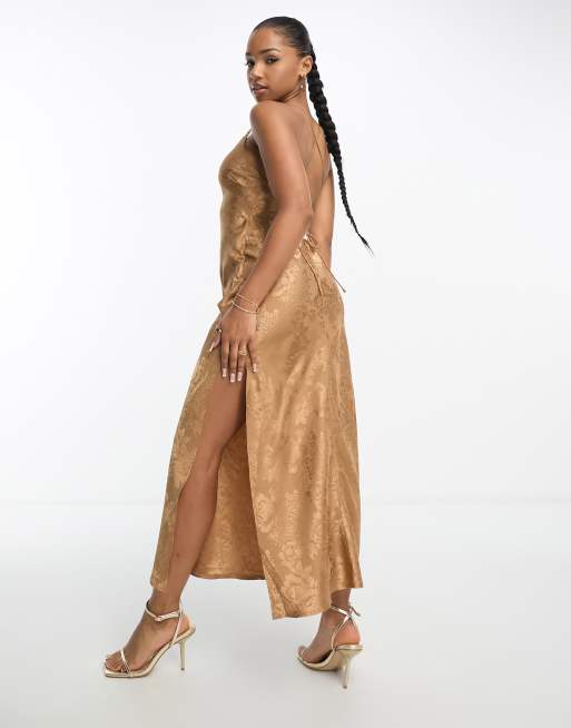 New look satin jacquard outlet midi dress in gold