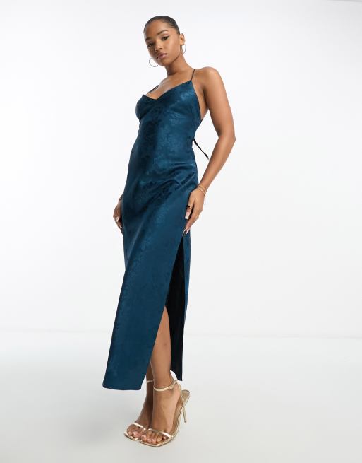 Missguided satin cowl neck maxi slip discount dress in blue