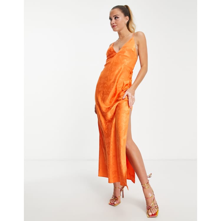 Miss Selfridge satin jacquard lace back midaxi slip dress in orange