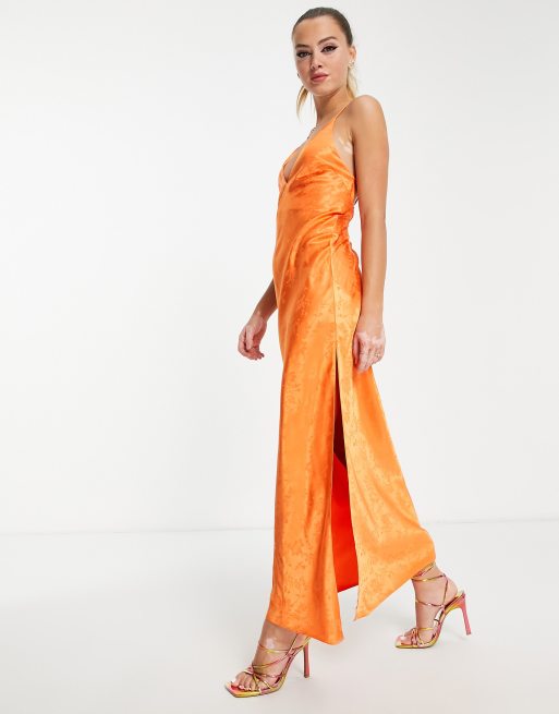 Miss Selfridge satin jacquard lace back midaxi slip dress in orange