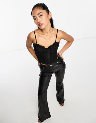 miss selfridge satin jacquard lace detail corset top in black