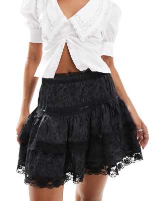 Miss Selfridge satin jacquard lace insert mini prairie skirt in black