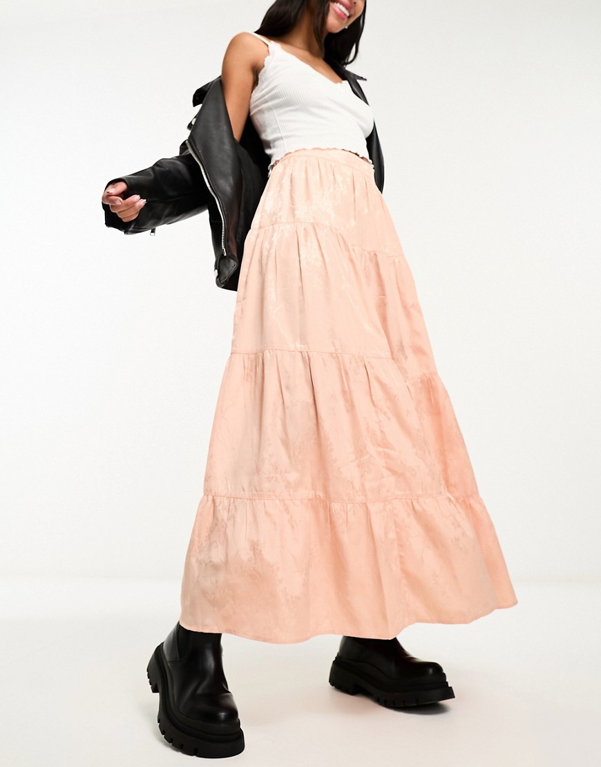 Miss Selfridge Satin Jacquard Maxi Skirt In Soft Pink