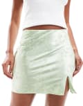 [Miss Selfridge] Miss Selfridge satin jacquard split mini skirt in sage green 12 Light Green