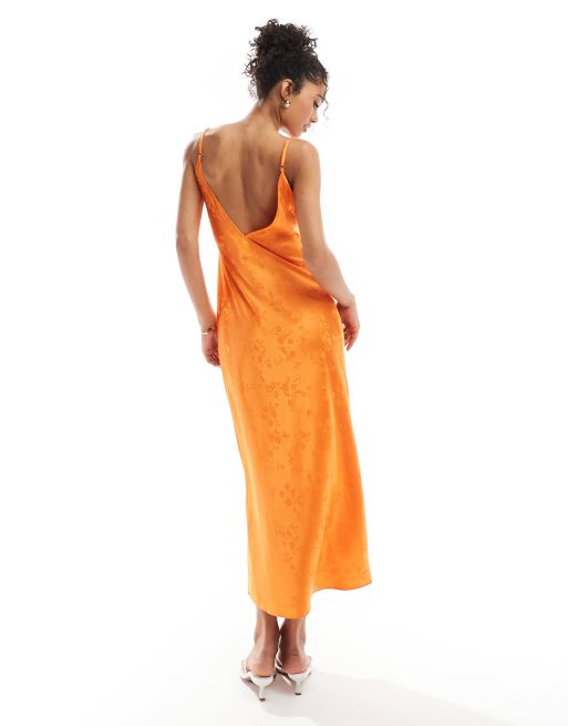 Miss Selfridge satin jacquard strap back maxi slip dress in orange, 2 of 4